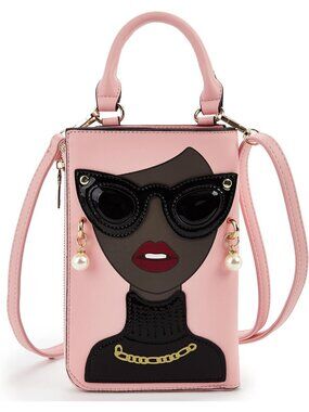 Women Pink Coffee Novelty Lady Face PU Leather ShoulderBag Handle Satchel Clutch